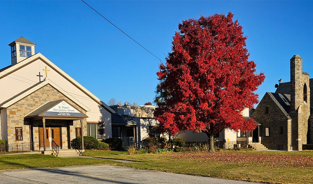 Fall tree in front of church property